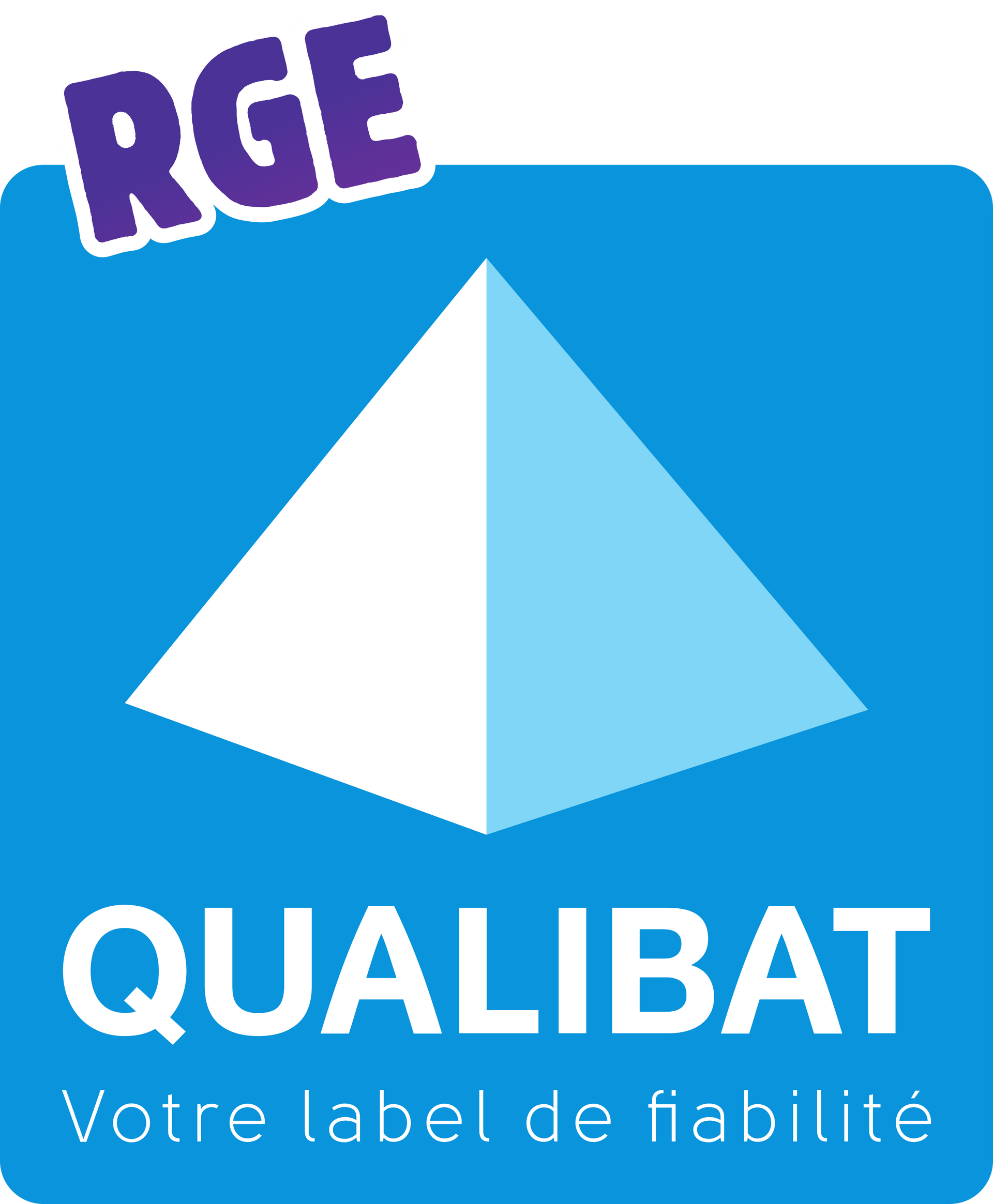 Logo RGE Qualibat avec une pyramide blanche et bleu clair sur fond bleu, avec le texte « Votre label de fiabilité ».