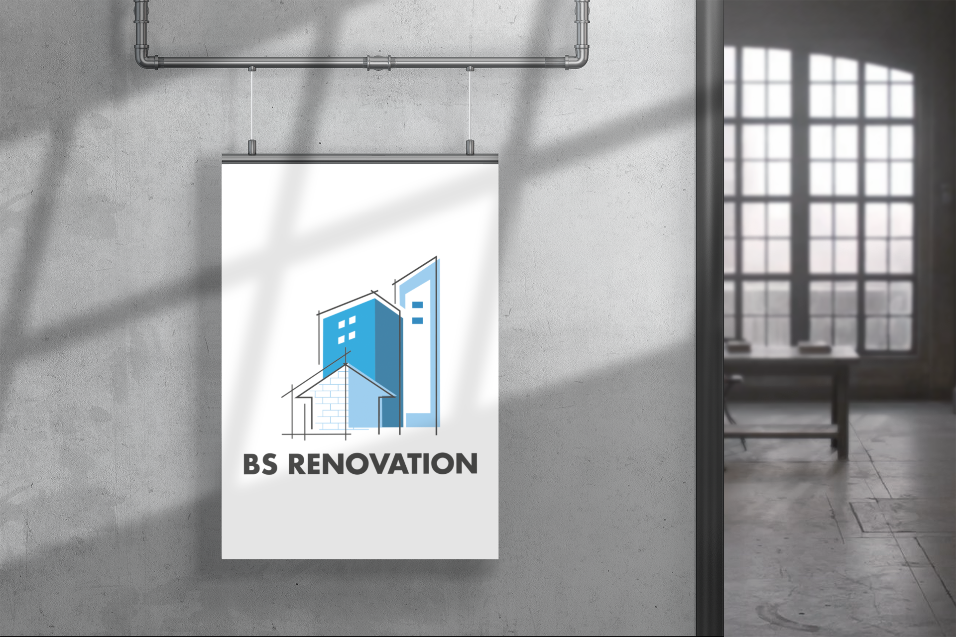 Affiche murale avec le logo « BS RENOVATION ». Comprend un dessin architectural bleu et blanc.