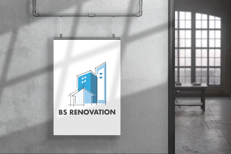 Affiche murale avec le logo « BS RENOVATION ». Comprend un dessin architectural bleu et blanc.