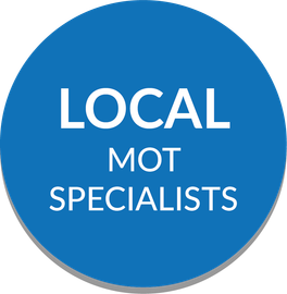 A blue circle with the words local mot specialists on it