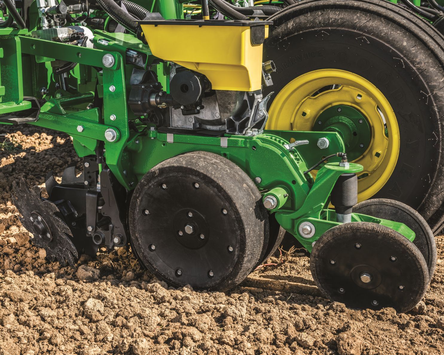 closeup of John Deere planter wheel