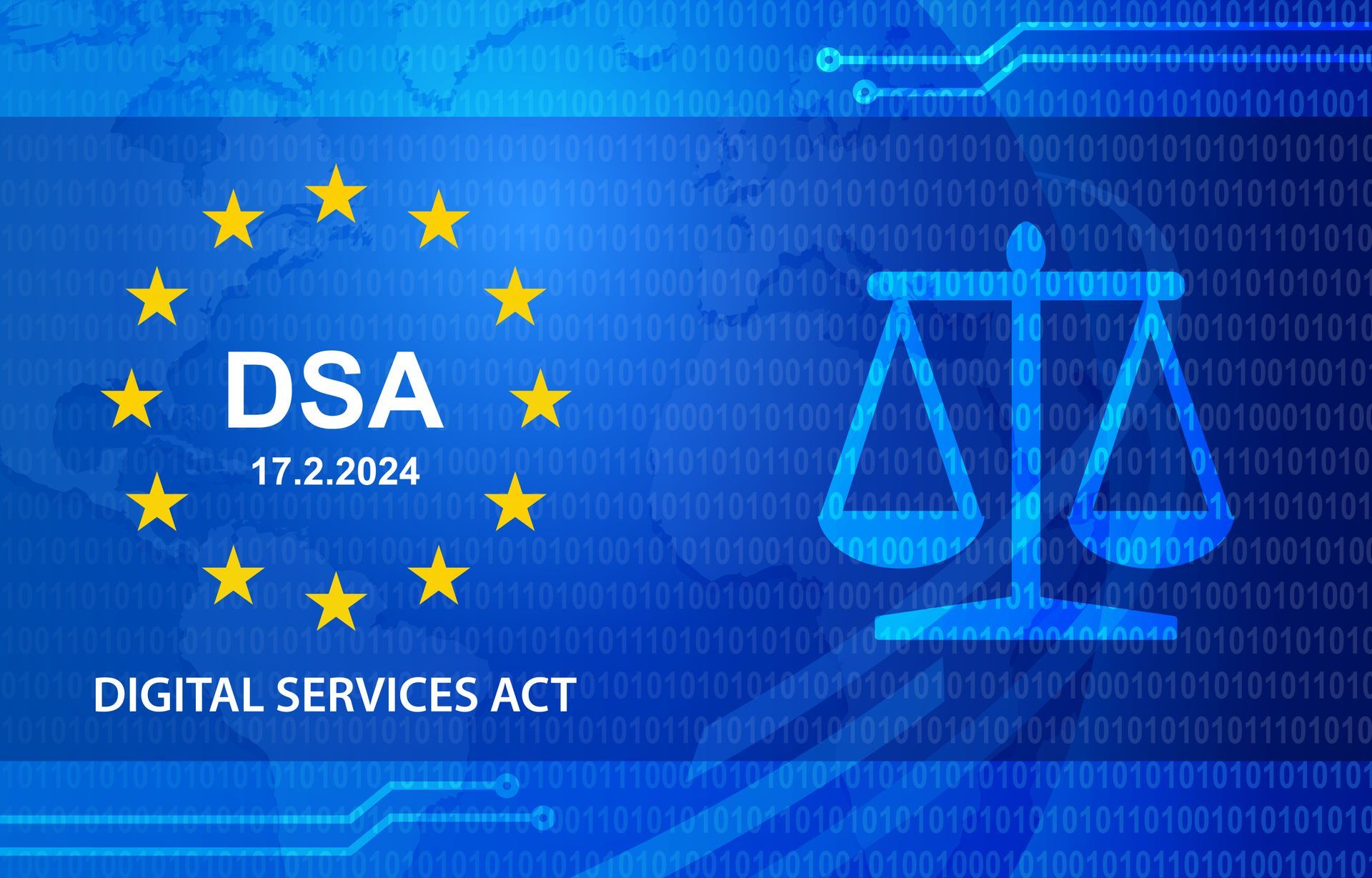 Illustration af EU's Digital Services Act (DSA) med EU-flaget og en skala for retfærdighed