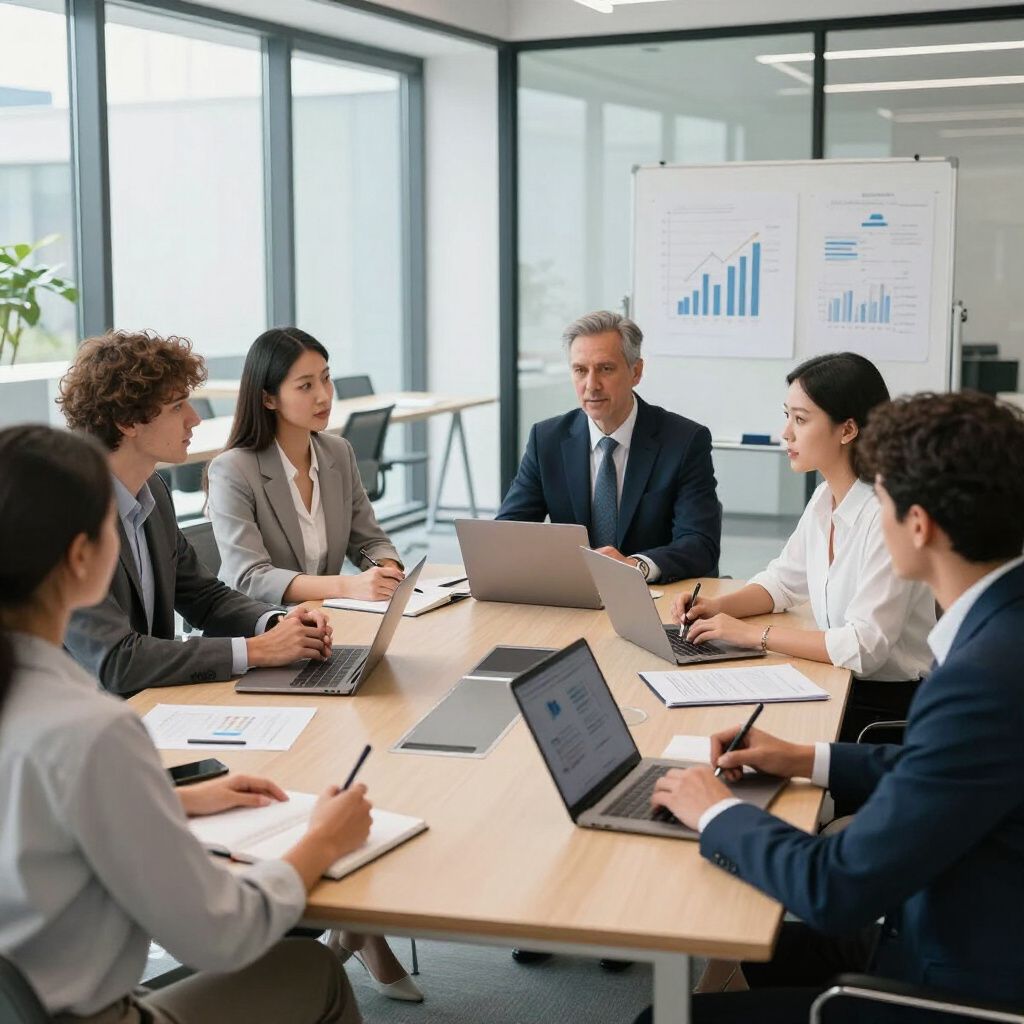 Riunione di lavoro: gruppo attorno a un tavolo con computer portatili e grafici sullo sfondo.