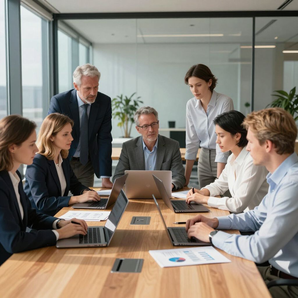 Un team aziendale in riunione, riunito attorno a un computer portatile, concentrato, in un ufficio moderno.