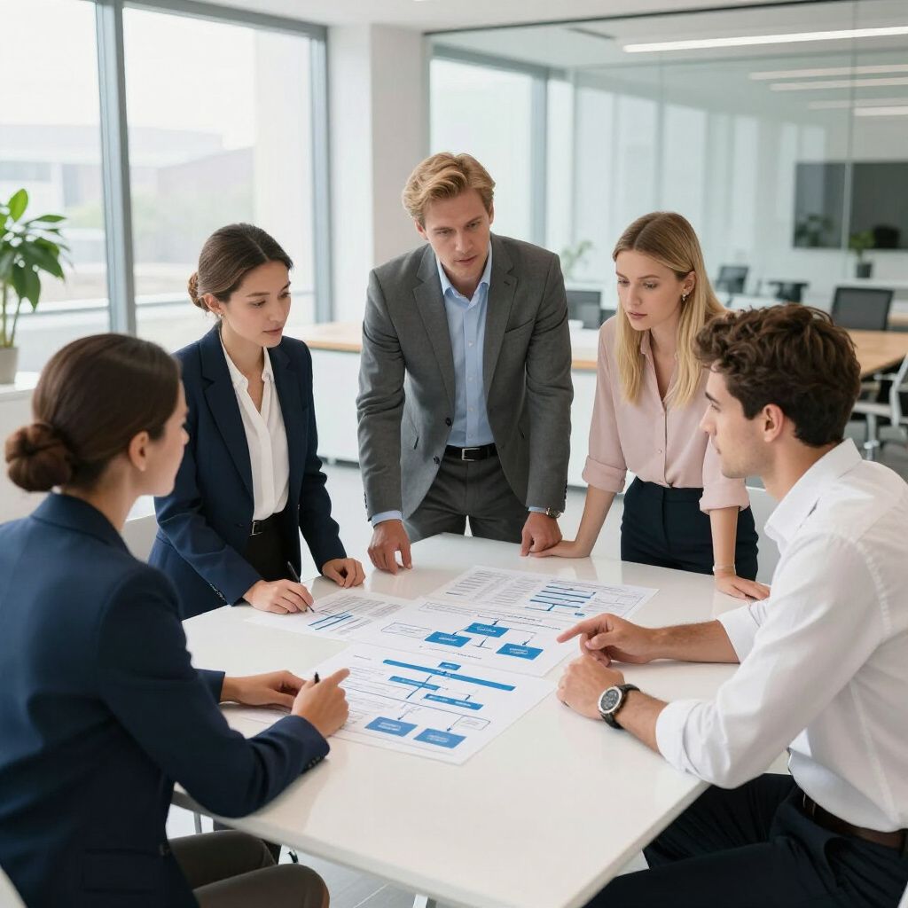 Un team aziendale esamina i documenti seduti a un tavolo in un ufficio moderno.