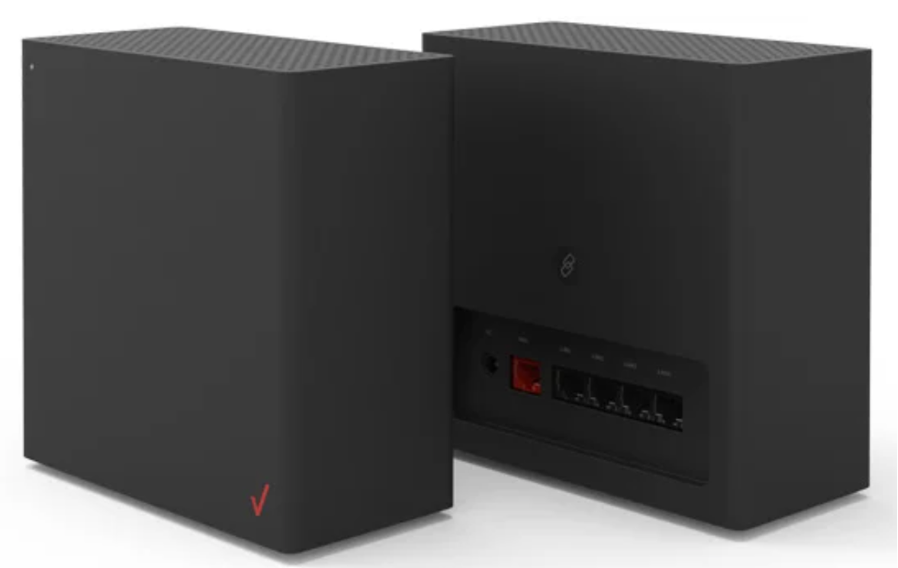 Two black boxes with a red v on them are sitting next to each other on a white surface.