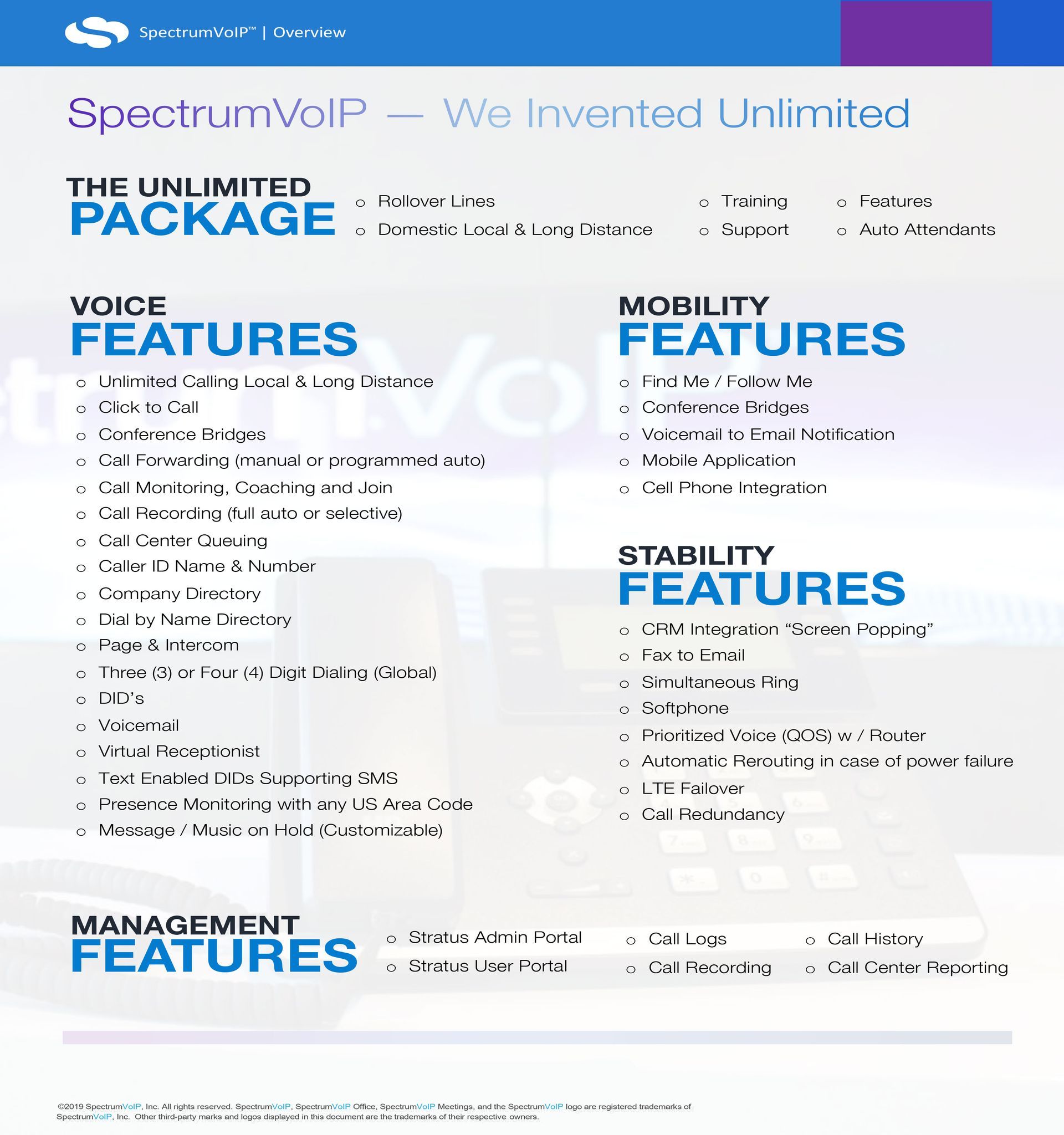 An advertisement for spectrum voip shows the features of the unlimited package