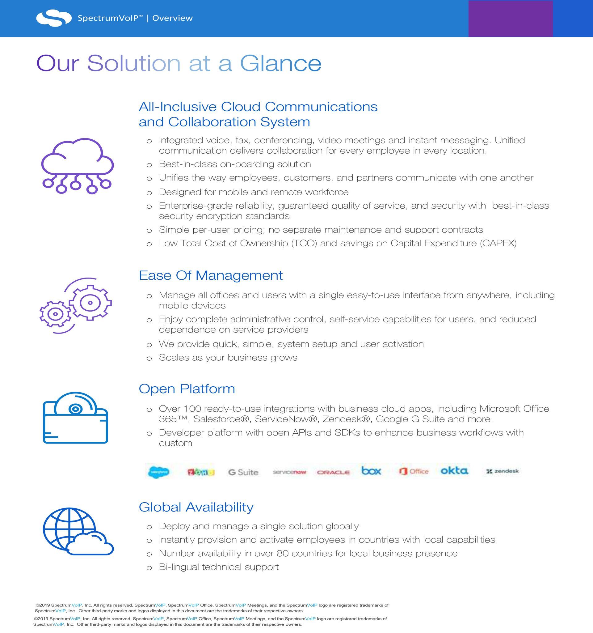 A white paper with a blue and purple border is titled our solution at a glance