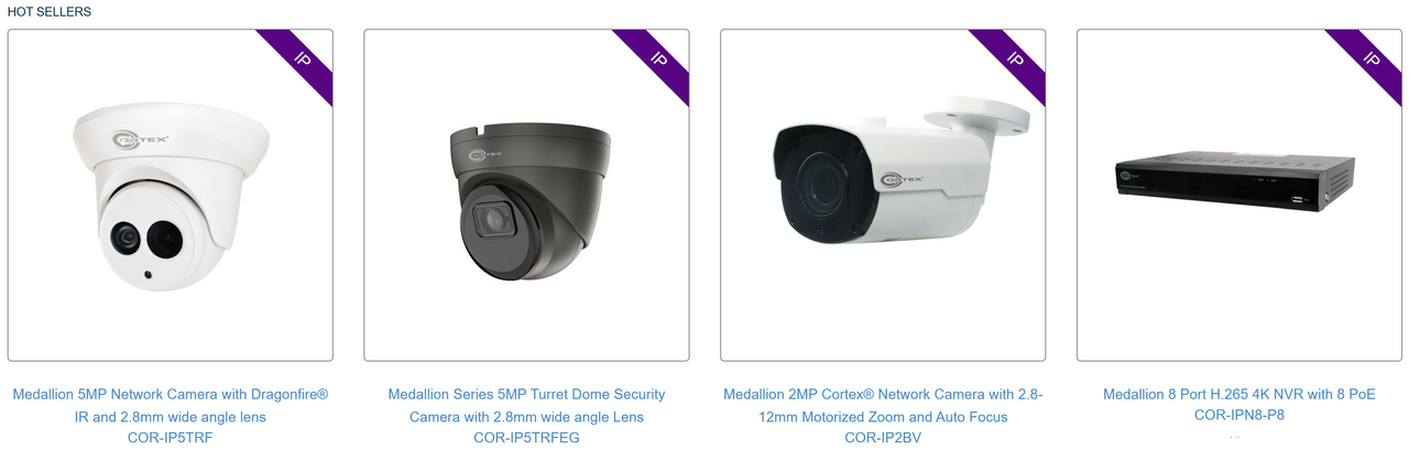 A screenshot of a website showing a variety of security cameras.