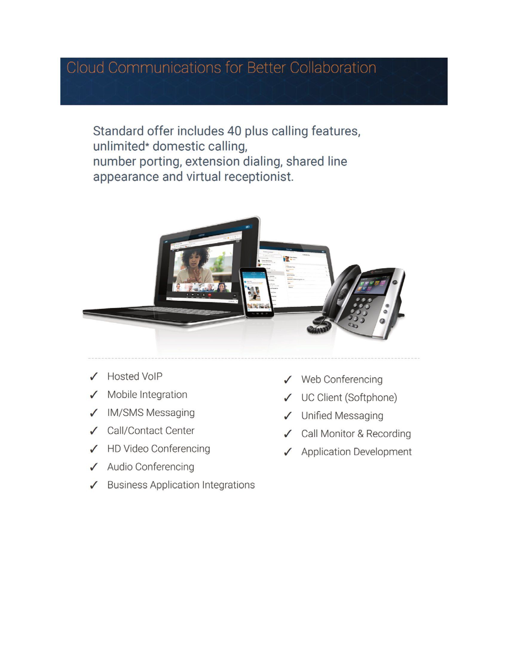 A brochure with a picture of a laptop , cell phone , and telephone.