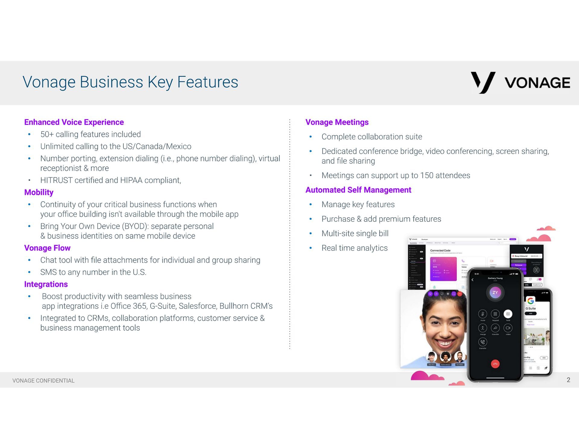 A brochure for vonage business key features shows a man talking on a cell phone.
