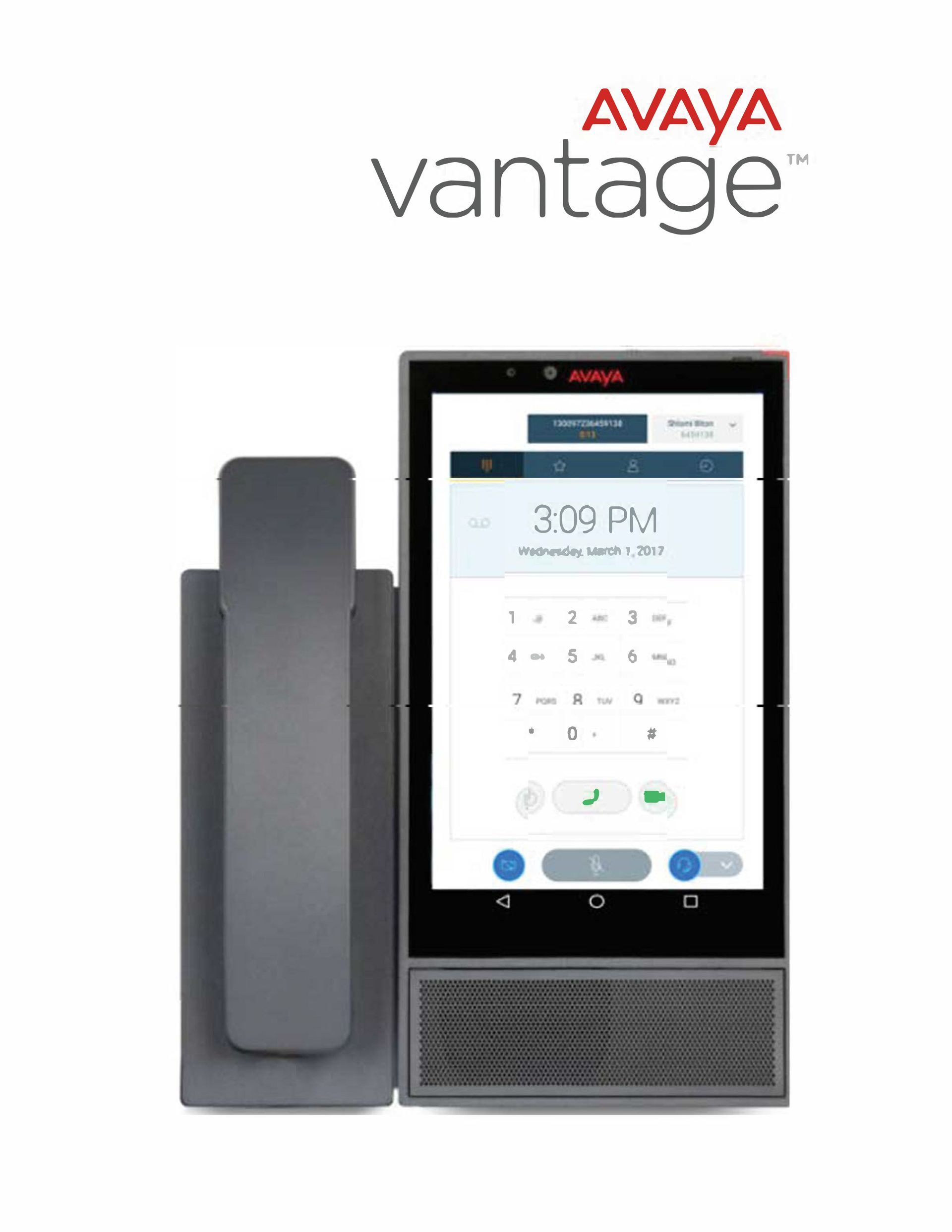 An avaya vantage ip phone with a screen on it.