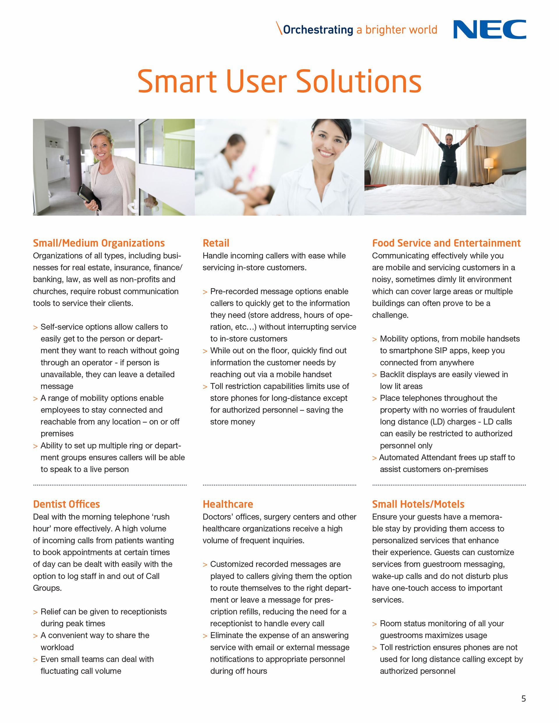 A brochure for nec smart user solutions shows a woman sitting on a bed.