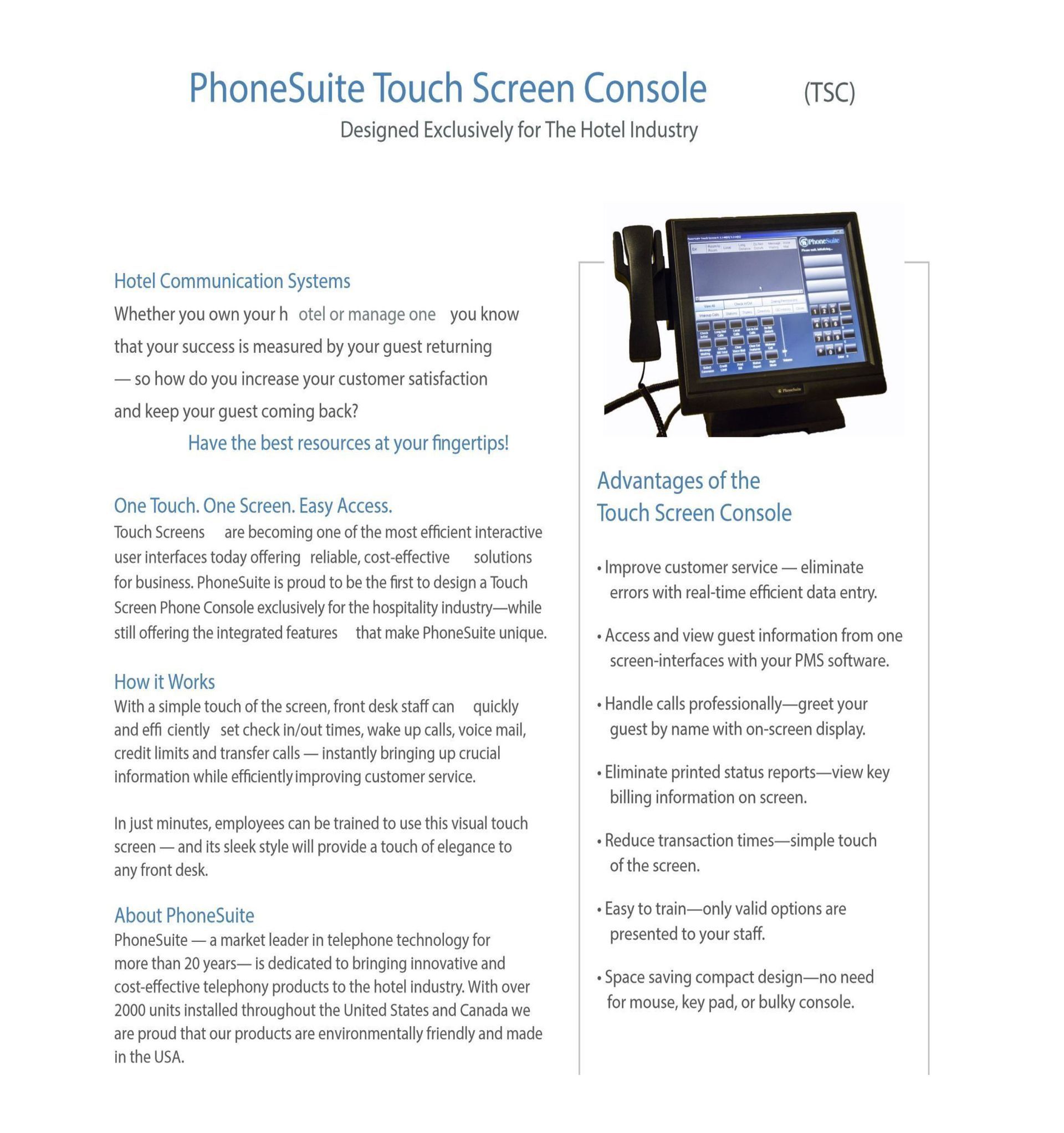 A brochure for a phonesuite touch screen console
