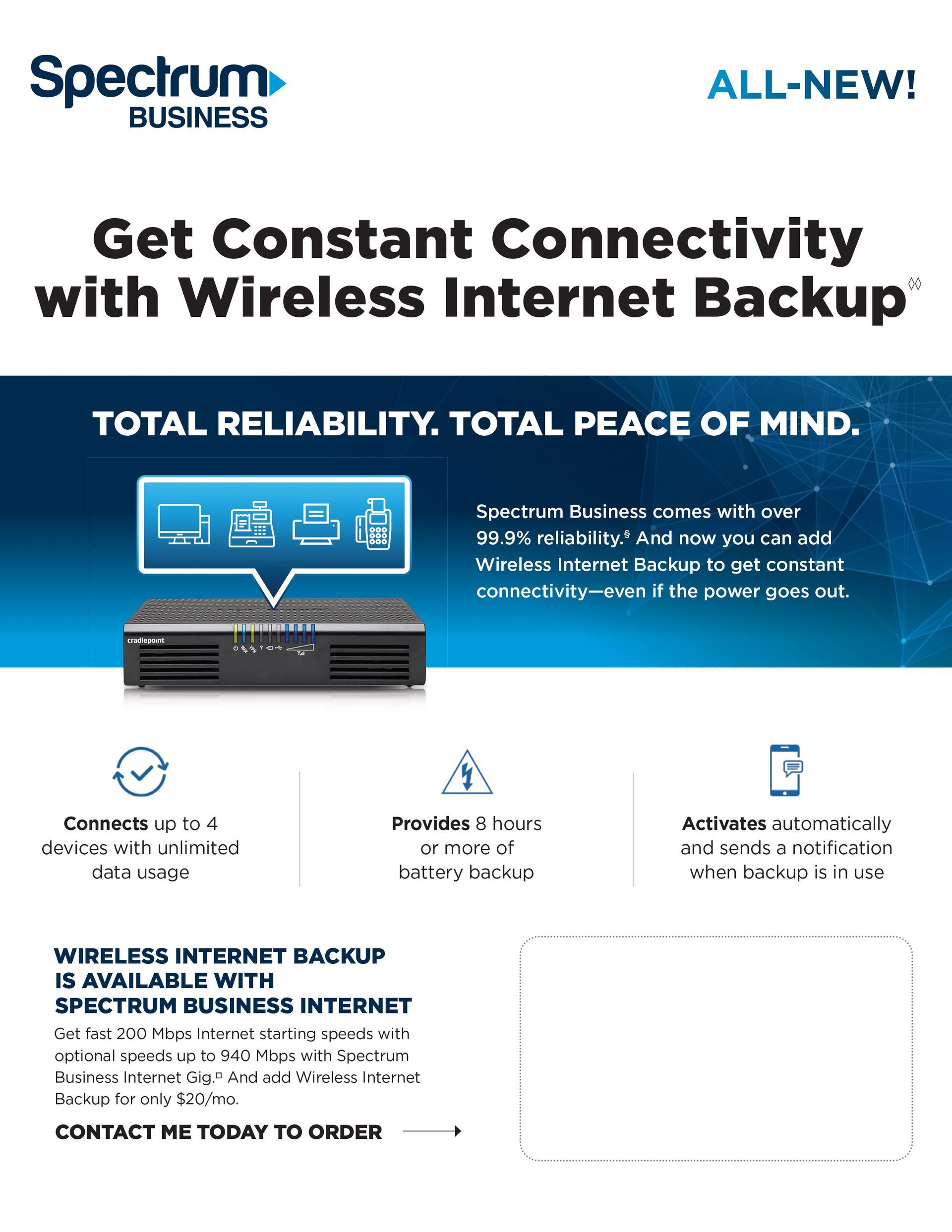 An advertisement for spectrum business wireless internet backup.