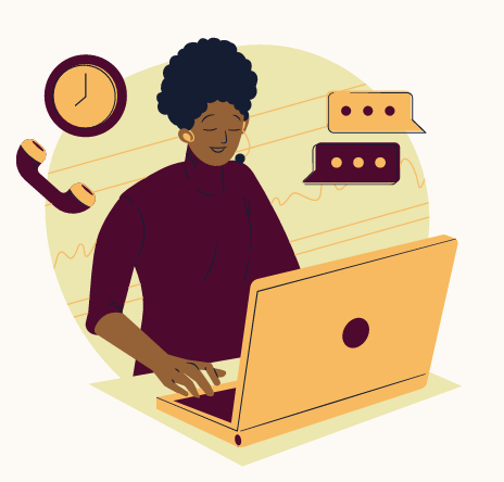 Illustration of black woman sitting at a computer