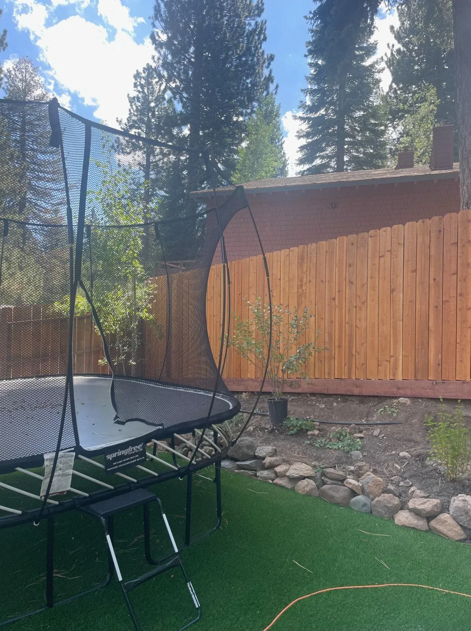 Trampoline with safety net in a backyard with a wooden fence and trees.