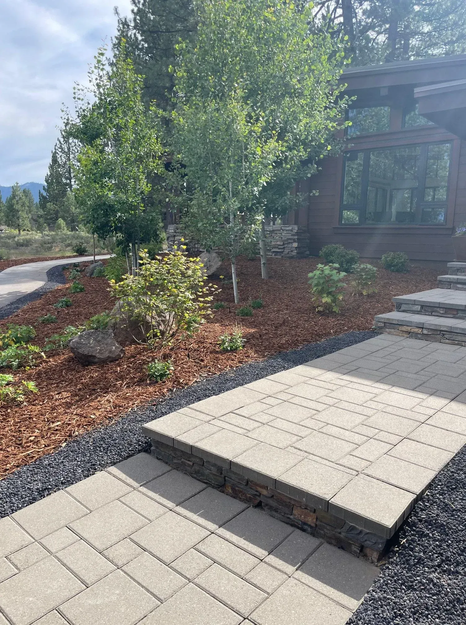 Stone walkway leading to a house with landscaping, trees, and mulch.