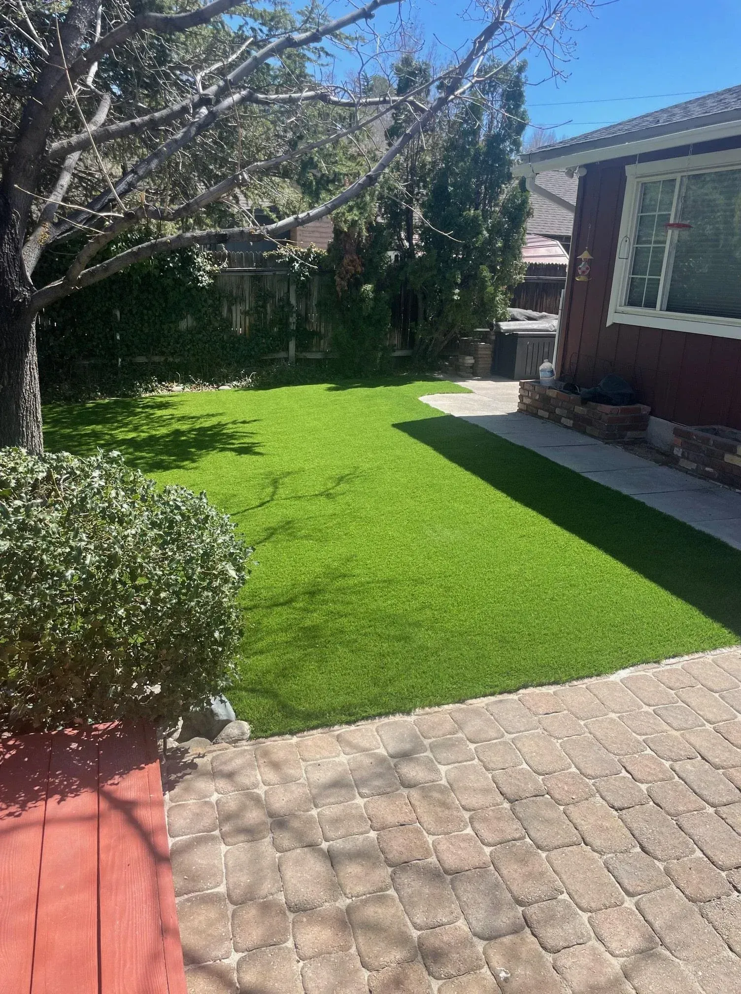 A well-manicured green lawn next to a red house, with a stone pathway and a tree on the left.