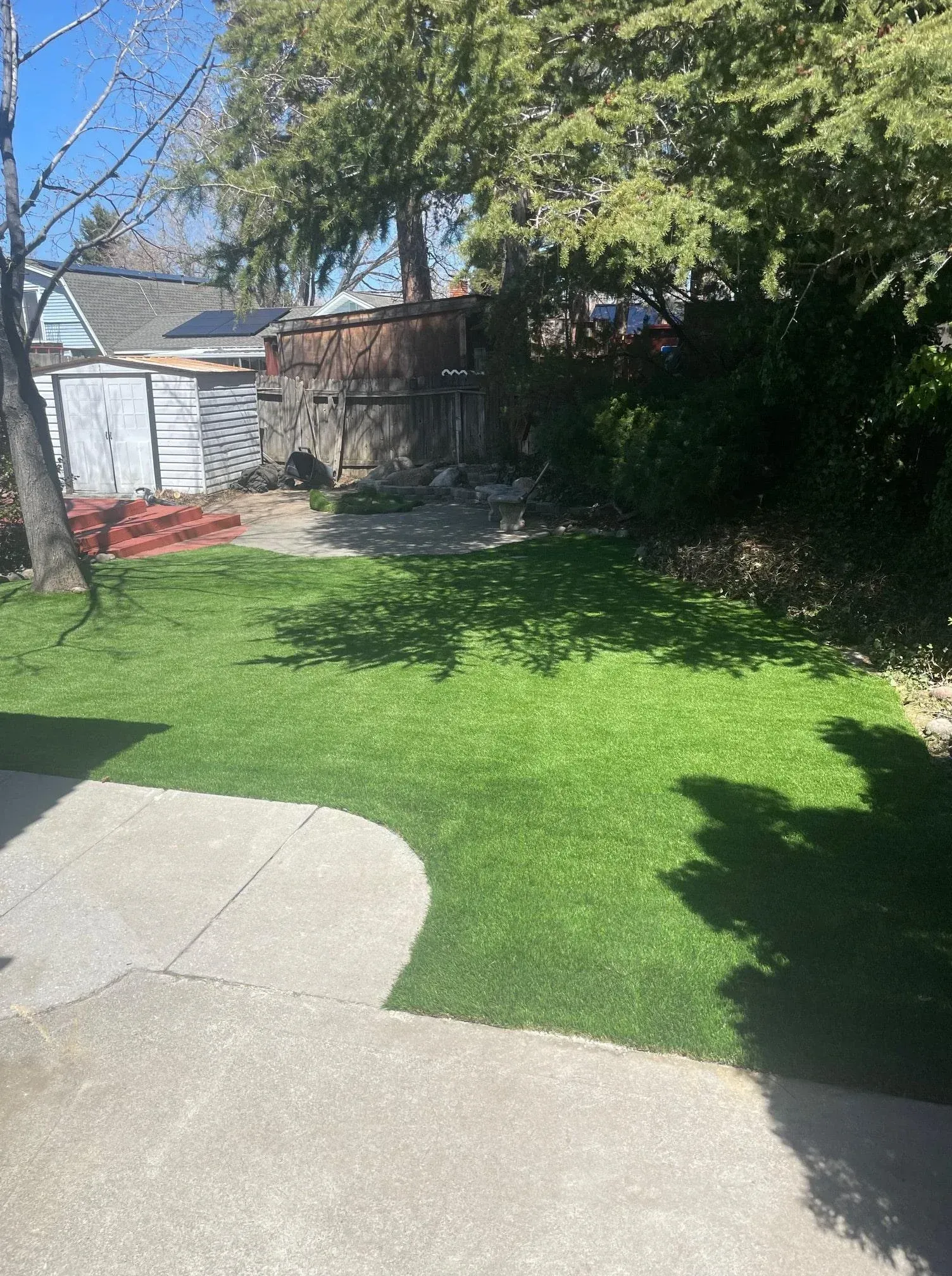 Green grassy backyard with trees, stone pathway, concrete patio, and wooden fence on a sunny day.