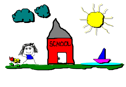 Cartoon depiction: child, school, sun, clouds, sailboat, flowers. Girl excited near building labeled Cartoon depiction: child, school, sun, clouds, sailboat, flowers. Girl excited near building labeled
