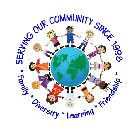 Children of diverse ethnicities holding hands around a blue globe; text: Serving Our Community Since 1998, Family, Diversity, Friendship, Learning. Children of diverse ethnicities holding hands around a blue globe; text: Serving Our Community Since 1998, Family, Diversity, Friendship, Learning.