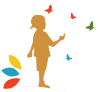 Colorful butterflies flying around a logo with three overlapping petals.