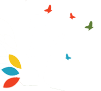 Colorful butterflies flying around a logo with three overlapping petals.