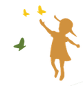 Silhouette of a child reaching for yellow and green butterflies.