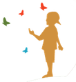 Silhouette of child reaching up to colorful butterflies.