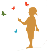 Silhouette of child reaching up to colorful butterflies.