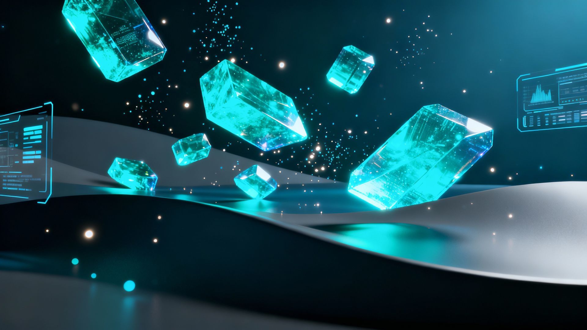 Floating teal crystals over a futuristic, curved landscape with glowing lights and data displays.