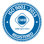 Blue ISO 9001:2015 Registered seal with 