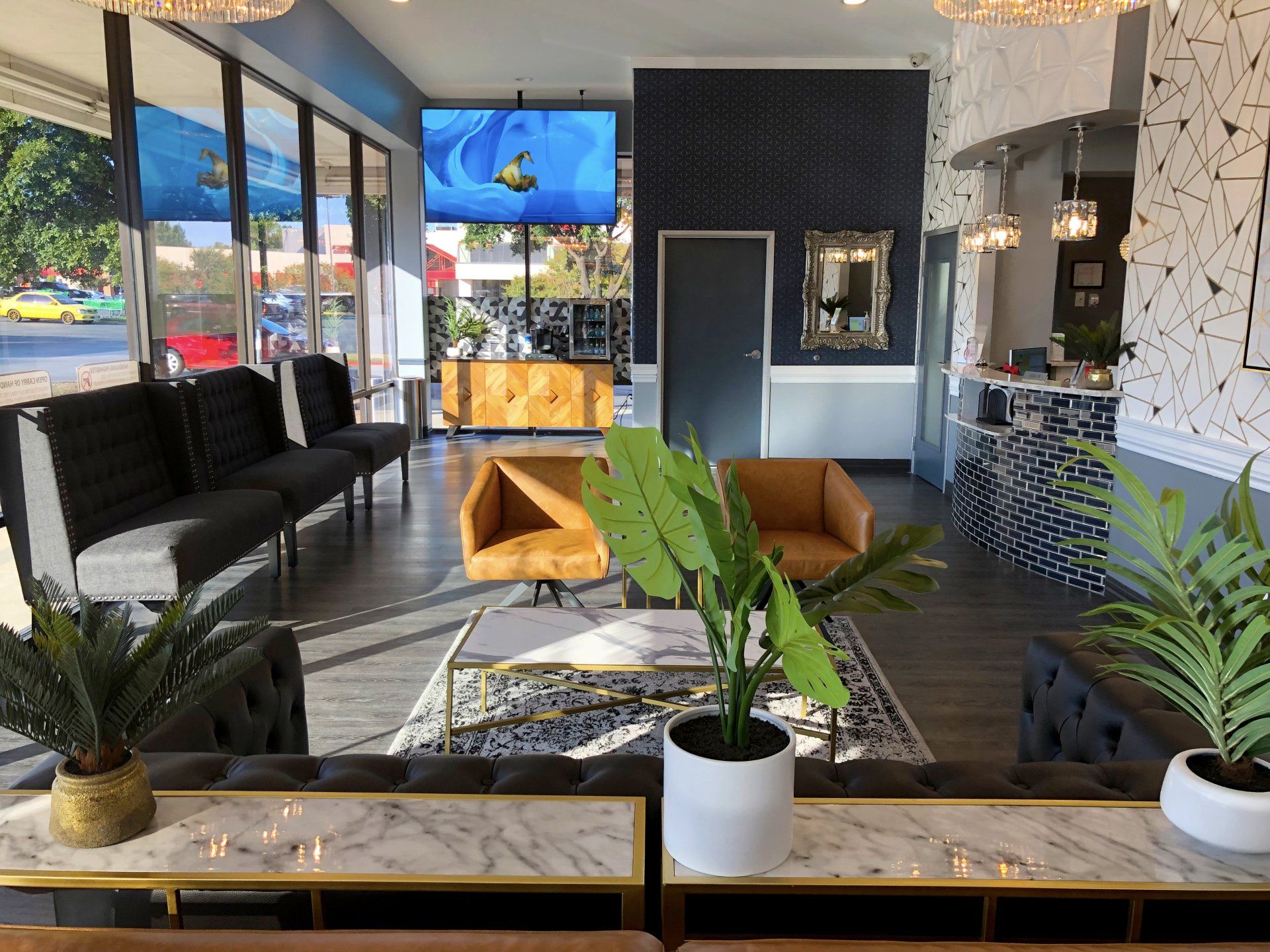 Lucent Dentistry in Austin Tx.  A living room filled with furniture and plants in a hotel lobby.