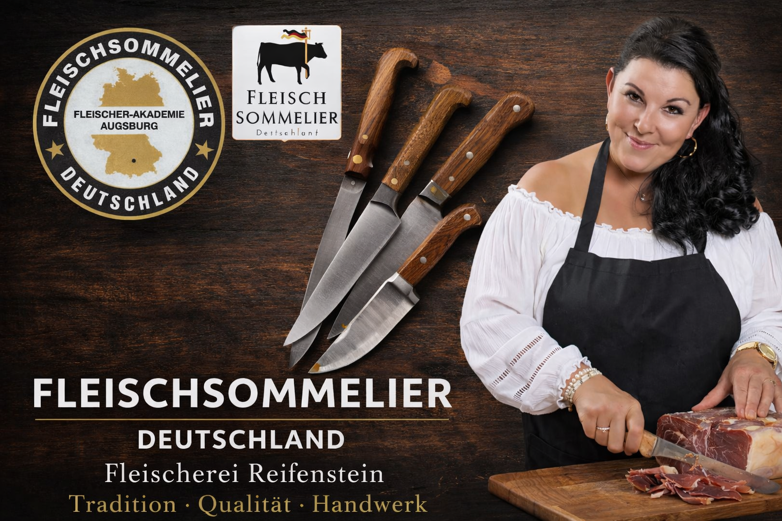 Ein Profi lächelt, während sie Pökelfleisch auf einem Holzbrett schneidet.