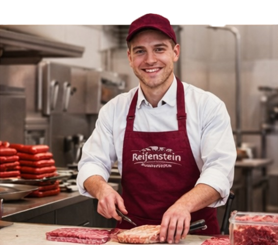 Ein Metzger in bordeauxroter Schürze und Mütze lächelt, während er in einer professionellen Küche rohes Fleisch zubereitet.
