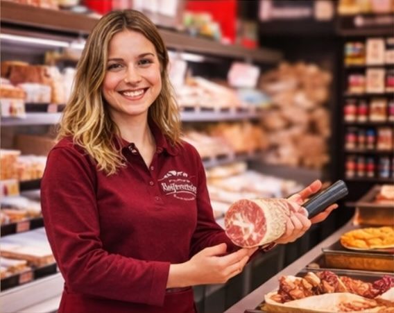 Eine lächelnde Person in roter Uniform hält hinter einer Theke eines Feinkostladens ein Stück Salami in der Hand.