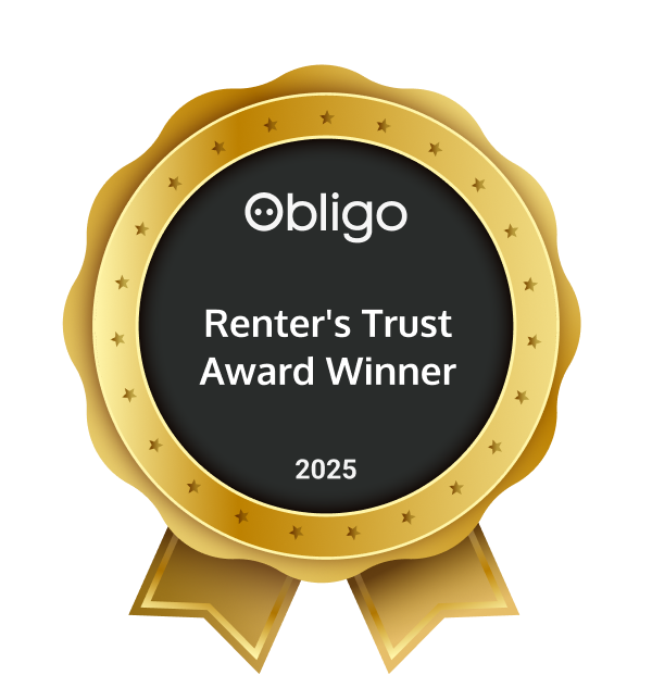 Obligo Renter's Trust Award Winner badge, gold and black. Includes logo and 2025.