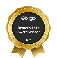 Obligo Renter's Trust Award Winner badge, gold and black. Includes logo and 2025.
