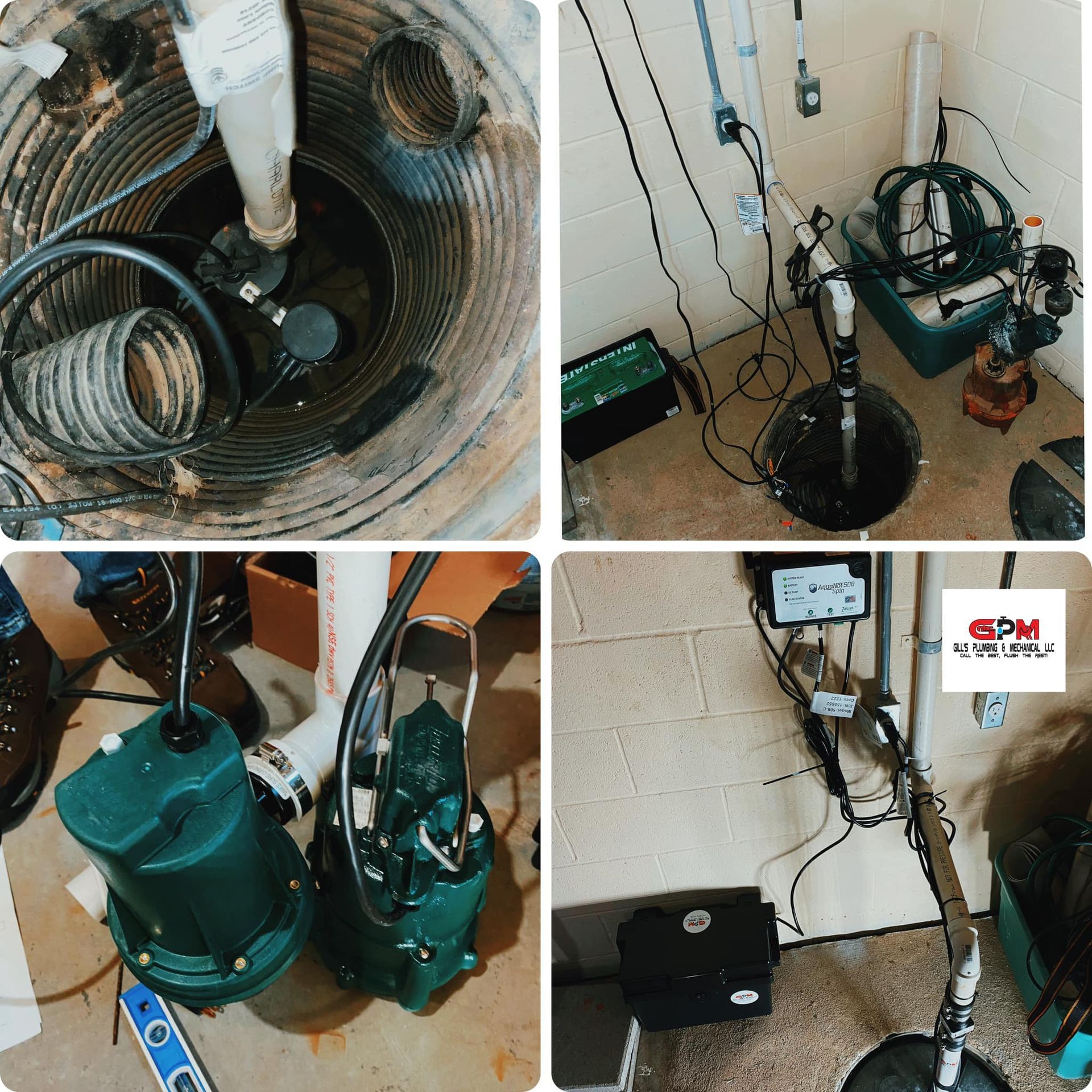 A collage of four pictures of a sump pump with the epm logo on the bottom right
