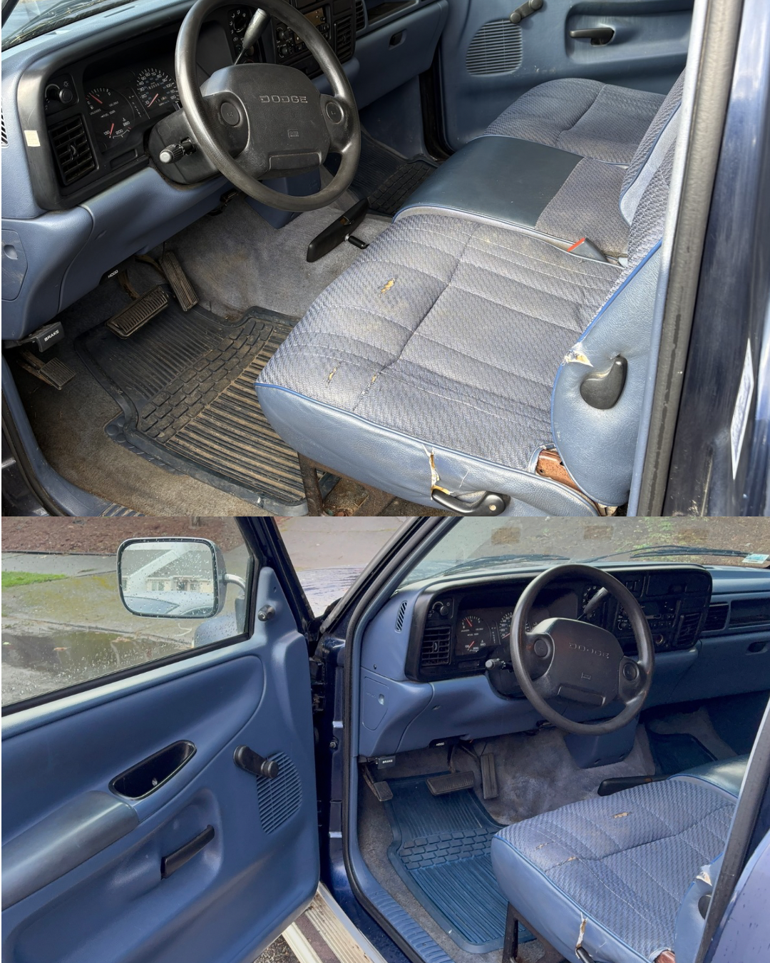 Interior of a blue, older model truck cabin featuring a bench seat, steering wheel, and manual window cranks.