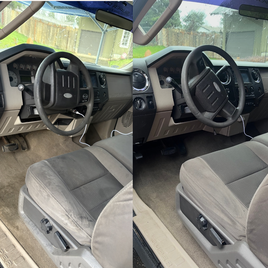 Side-by-side comparison of a grey vehicle interior, showing before and after cleaning of the driver's seat and carpet.