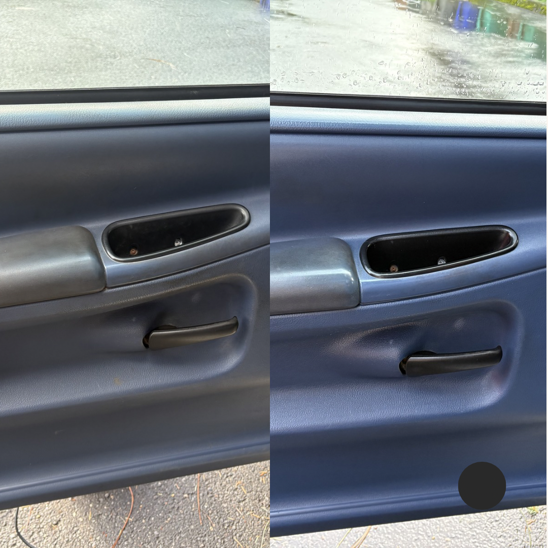 Side-by-side comparison of a blue vehicle door interior before and after being cleaned.