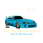 A bright blue Toyota Supra above the text "BLACKGLASS AUTO DETAILING" in a stylized font, with two small sparkle icons.