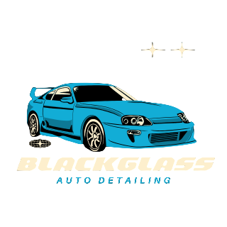 A bright blue Toyota Supra above the text "BLACKGLASS AUTO DETAILING" in a stylized font, with two small sparkle icons.