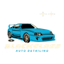 A bright blue Toyota Supra above the text "BLACKGLASS AUTO DETAILING" in a stylized font, with two small sparkle icons.