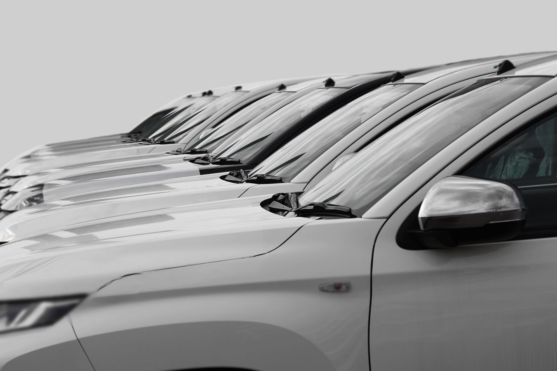 A row of white cars parked in a line, viewed from the side at an angle.