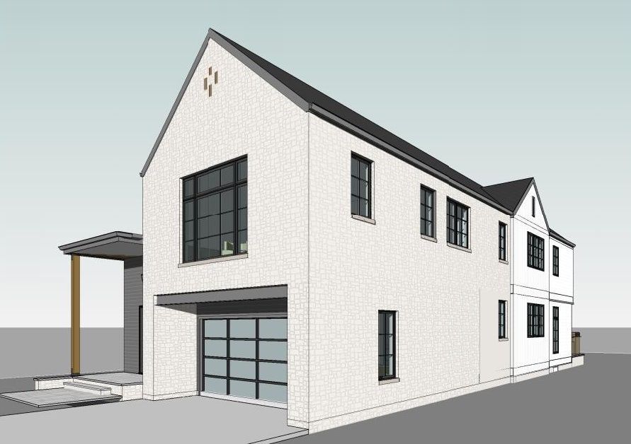 A 3d model of a white house with a black roof