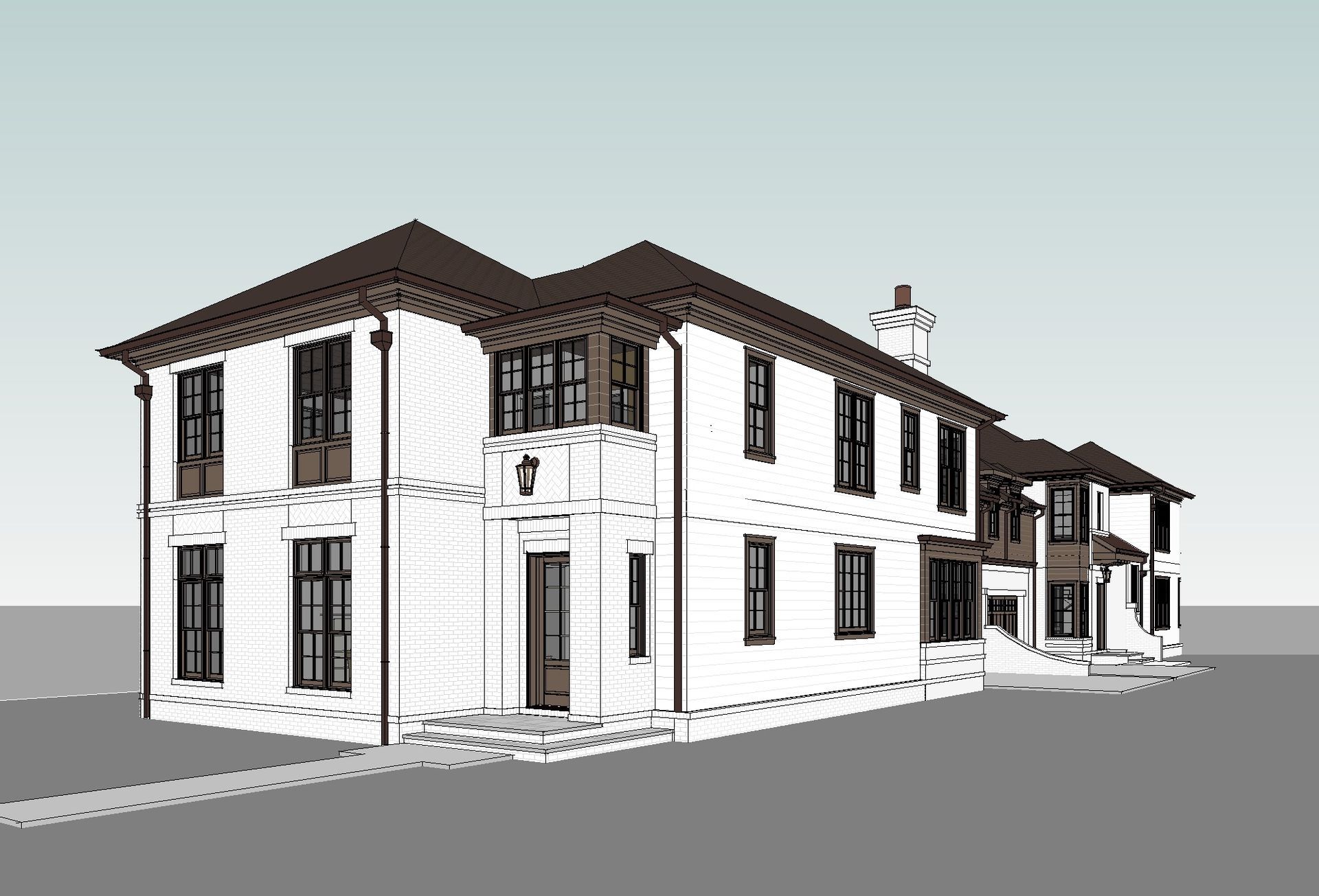 A 3d model of a large white house with a brown roof