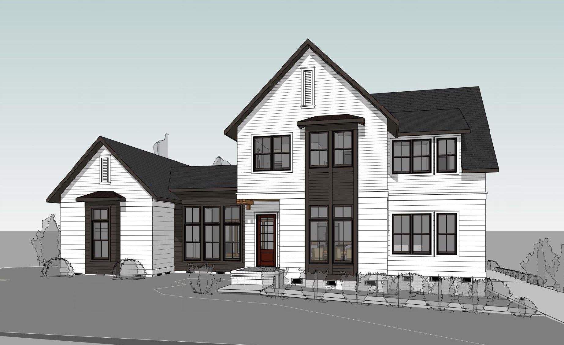 A black and white drawing of a house with a black roof